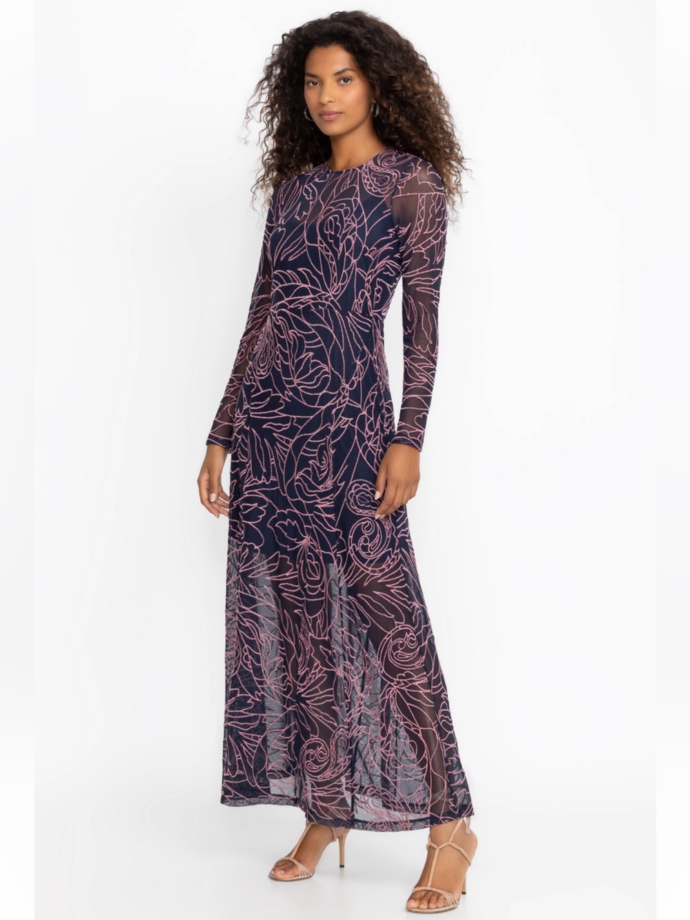 🌻Johnny Was JADE Sumner Mesh Maxi Dress Navy Floral Embroidered Size XS No Slip - Picture 1 of 7